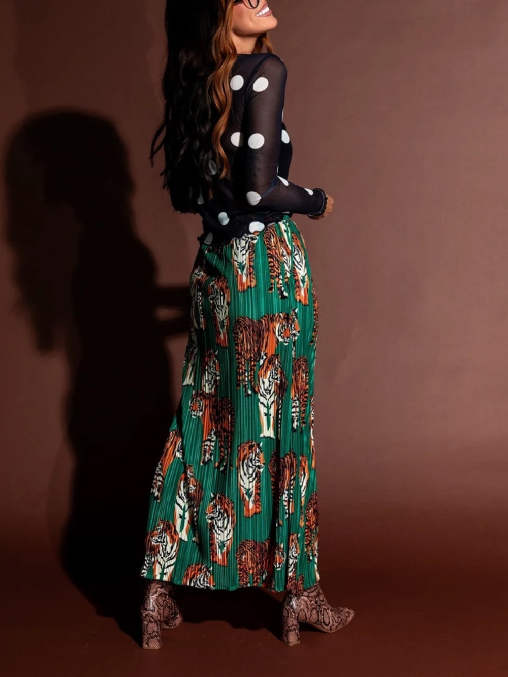 Dressed in Lala Santorini Midi Plisse Pleated Skirt in Green Tiger Tales Print - Picture 4 of 12